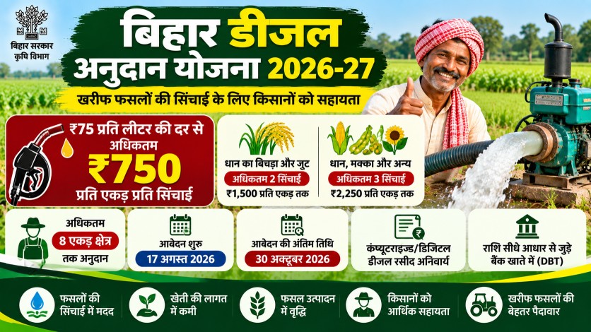 बिहार डीजल अनुदान योजना 2026-27: किसानों को ₹750 प्रति एकड़ तक अनुदान, आवेदन और पात्रता