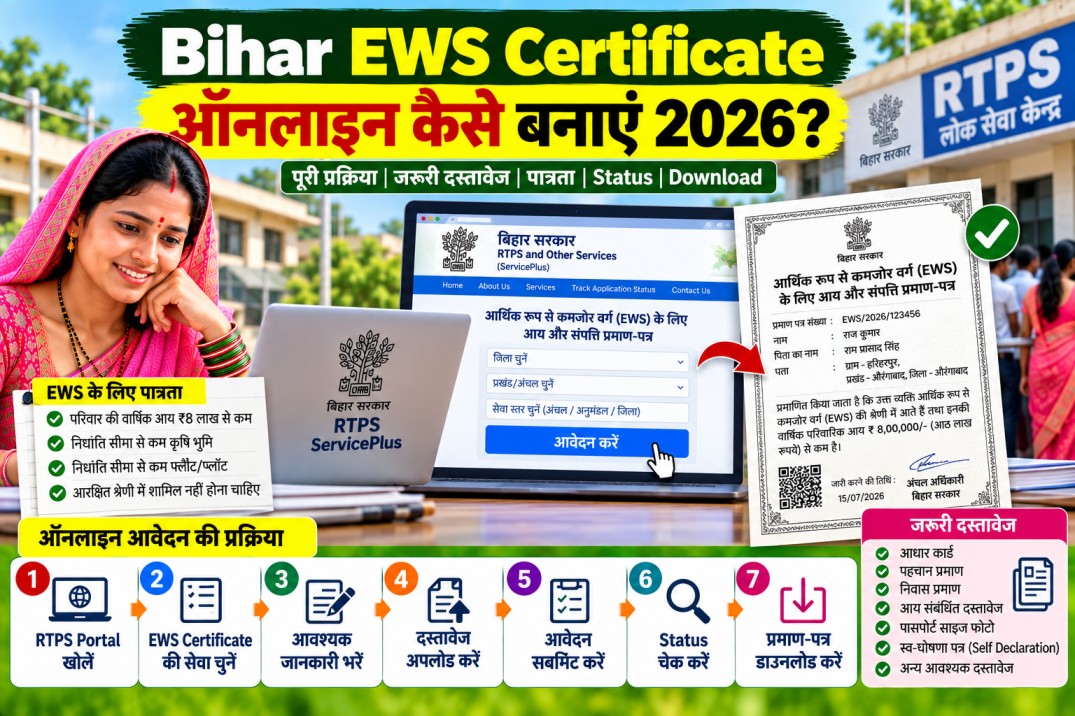Bihar EWS Certificate कैसे बनाएं 2026? ऑनलाइन आवेदन, पात्रता, Documents और Download